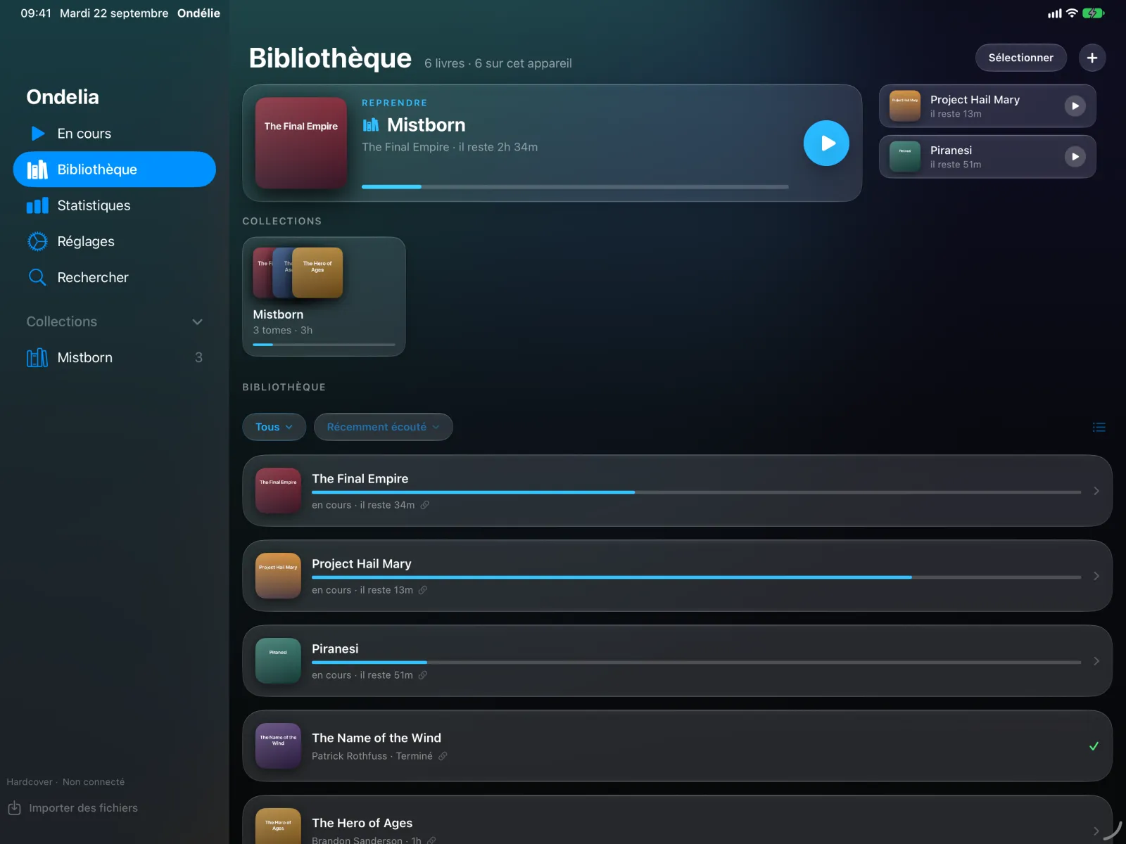Ondélie sur iPad, bibliothèque avec barre latérale